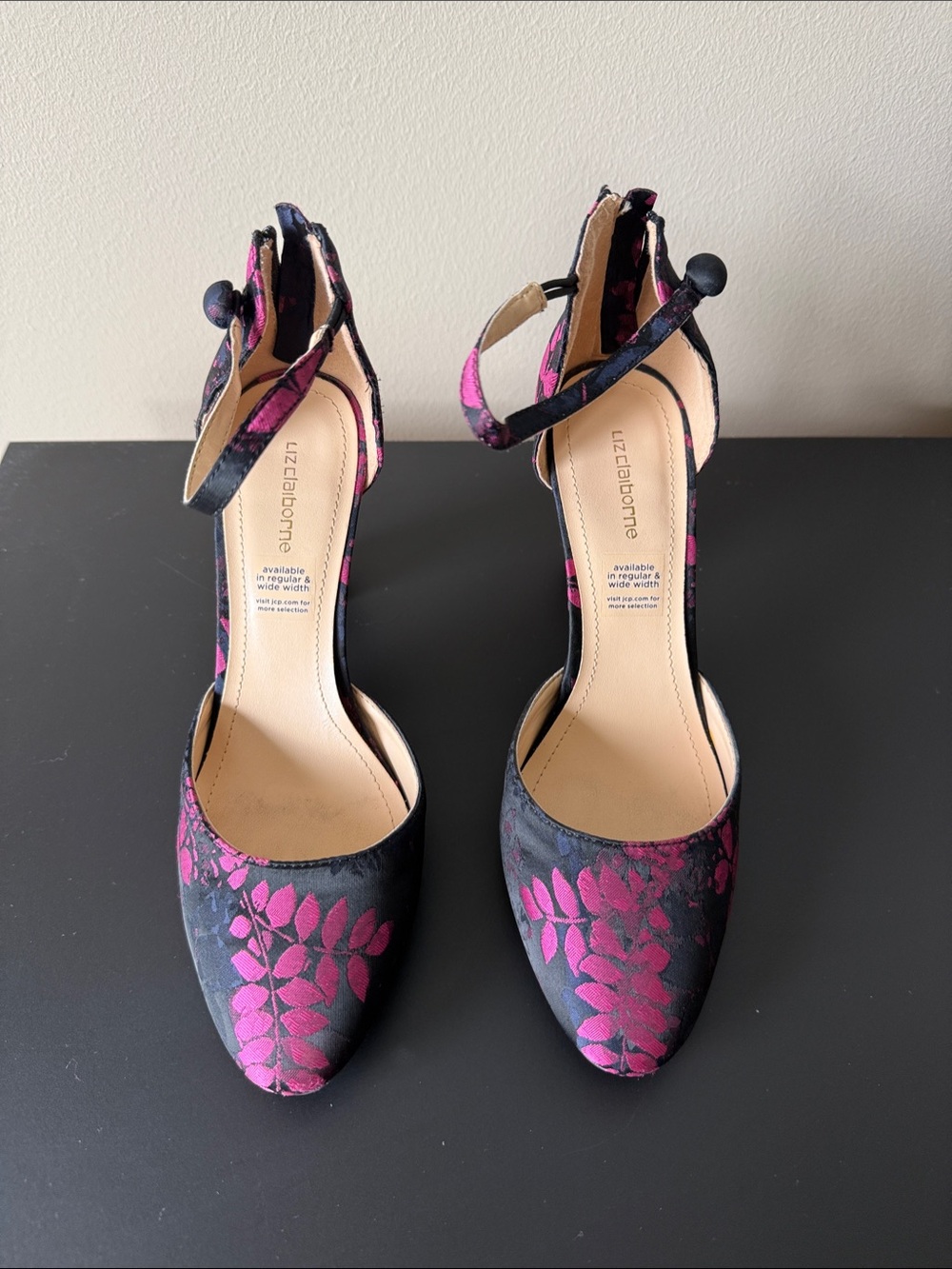 Liz Claiborne Black and Pink Floral Ankle-Strap Pumps